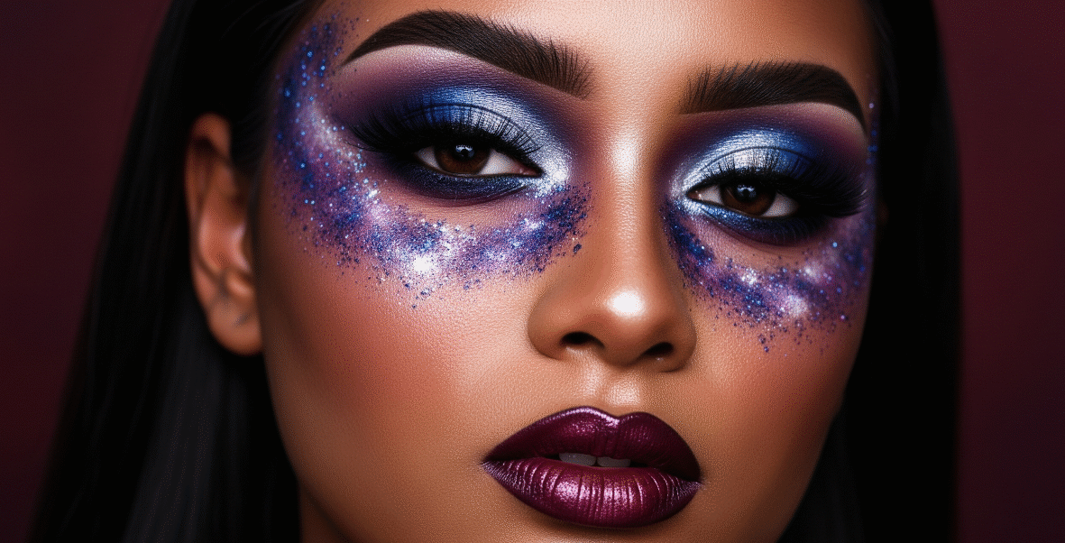 "Model showcasing galactic glam makeup with metallic eyeshadow, glitter detailing, a galaxy design on the cheek, and a star symbol on the forehead against a cosmic-themed blue background."
