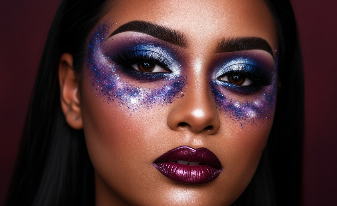 "Model showcasing galactic glam makeup with metallic eyeshadow, glitter detailing, a galaxy design on the cheek, and a star symbol on the forehead against a cosmic-themed blue background."