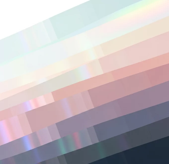 "Diagonal color strips showing an ethereal palette with soft pastels, muted blues, purples, and iridescent gleams."