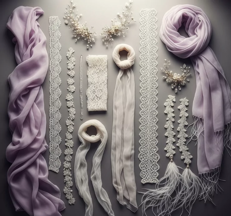 Ethereal style fabrics in lavender and white, including silk and lace, with delicate pearl and feather accessories laid out on a gray surface.