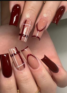 Burgundy Plaid Nails