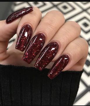 Maroon Nails with Gem Accents