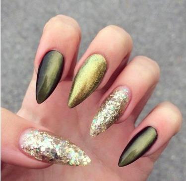 Olive Green Nails with Gold Accents