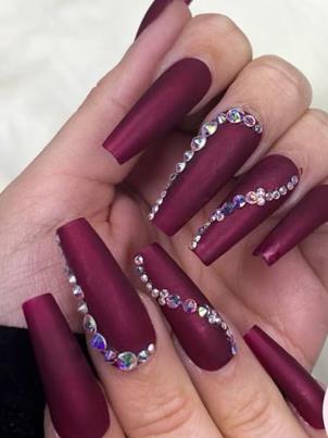Maroon Nails with Gem Accents