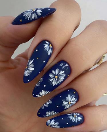 Navy Blue Nails with Florals