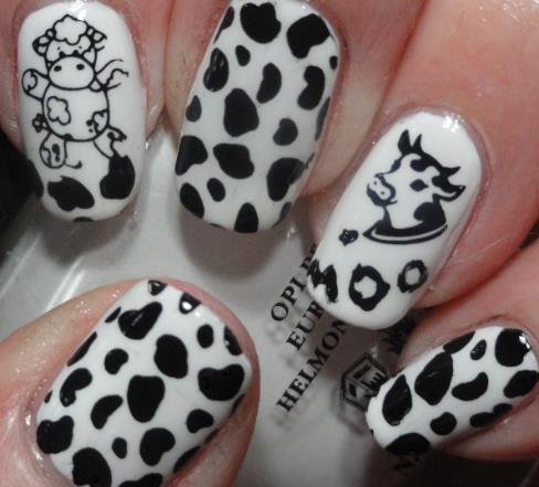 Kawaii Cow Print black and white nails