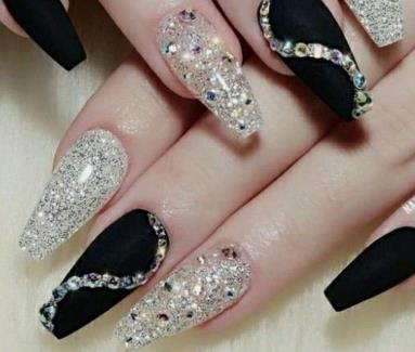Silver Rhinestone Bling black and silver nails
