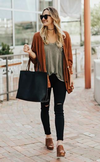 Rust Cardigan with Black Jeans Dark Academia Outfits