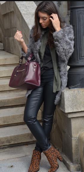 Gray Overcoat with Leather Pants