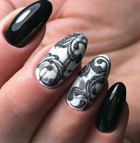 Dynamic Swirl Art black and white nails