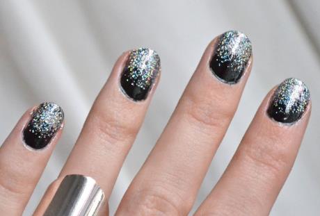 Silver Glitter Accents on Black Base black and silver nails