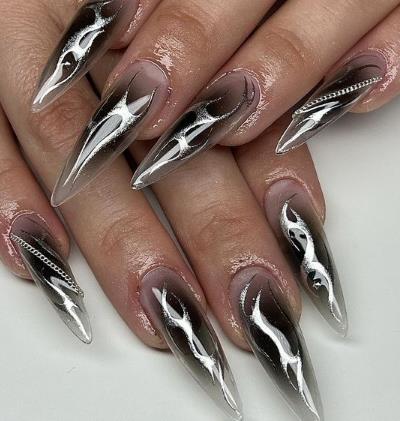 Aura Effect in Monochrome black and silver nails