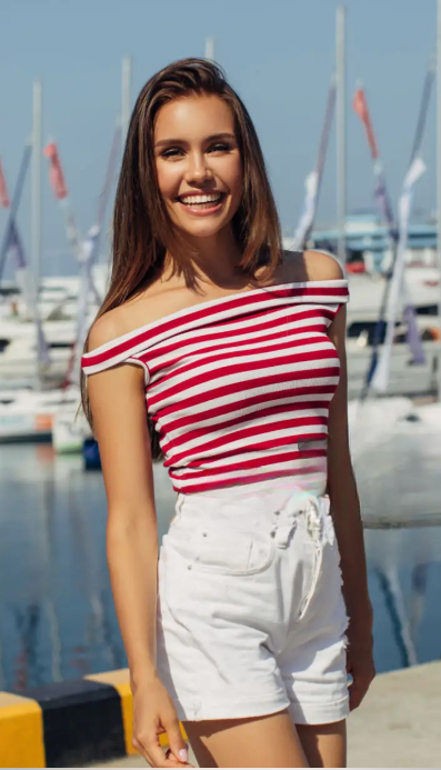 Striped Off-Shoulder Top with High-Waisted Shorts