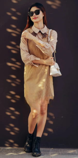 Corduroy Overall Dress with Striped Turtleneck