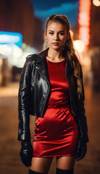 Satin Slip Dress with Leather Jacket