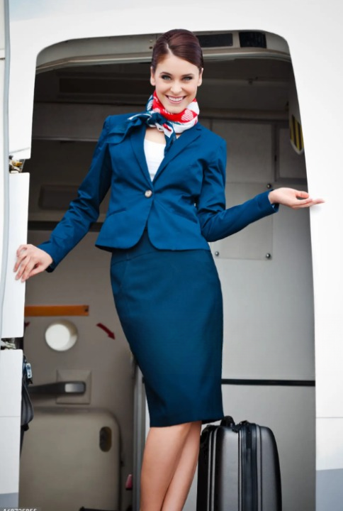 Classic Navy Suit with White Blouse Flight Attendant Dress