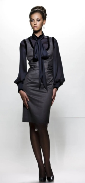 Charcoal Grey Pencil Skirt and Silk Blouse Widow Dress