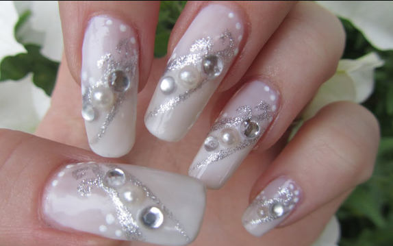 Silver Pearl Clusters French Tip Nails