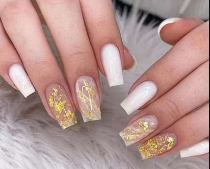 White Gel with Embedded Gold Flakes White and Gold Nail