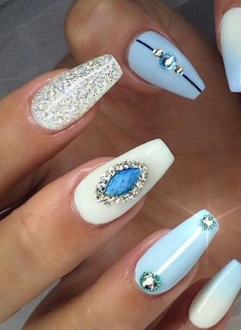 Rhinestone Accent Nails Light Blue Nails