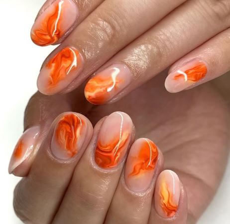 Orange Marble Effect orange summer nails