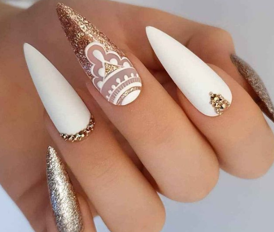 Gold Mandala Patterns on White Nails White and Gold Nail