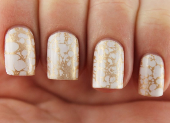 Pure White Base with Gold Leaf Accents White and Gold Nail