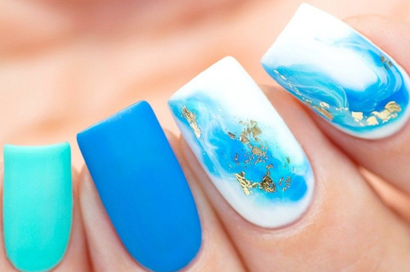 Watercolor Marble Effect Light Blue Nails