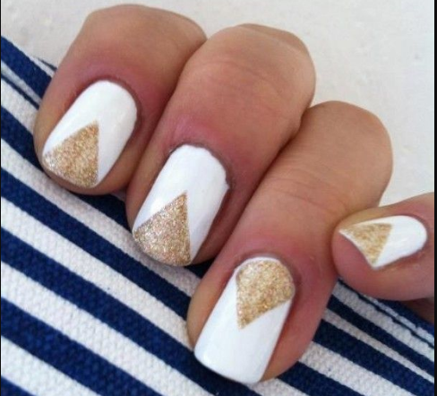 Gold Geometric Patterns on White Canvas White and Gold Nail