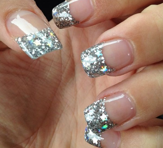 Silver Glitter Cascade French Tip Nails