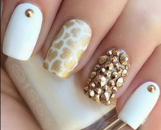Velvet White Nails with Gold Studs White and Gold Nail