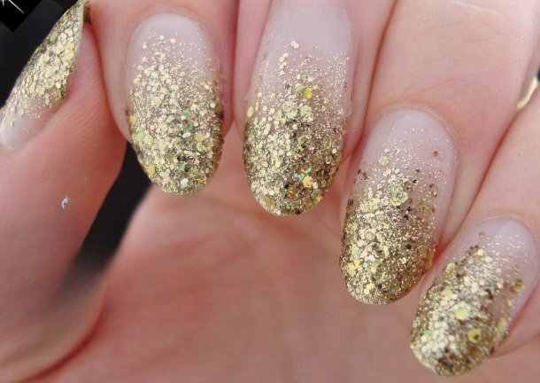 Pearl White with Gold Glitter Gradient White and Gold Nail