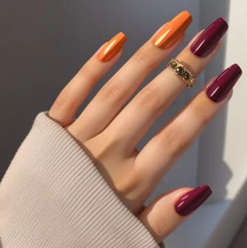 Burnt Orange and Burgundy Nails
fall sweater weather nails, PSL-inspired burnt orange nails