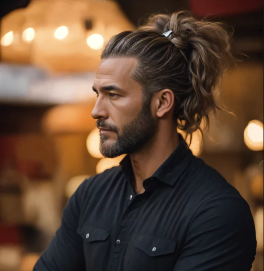 Loose Messy Ponytail Textured messy men’s haircut with choppy layers and matte finish