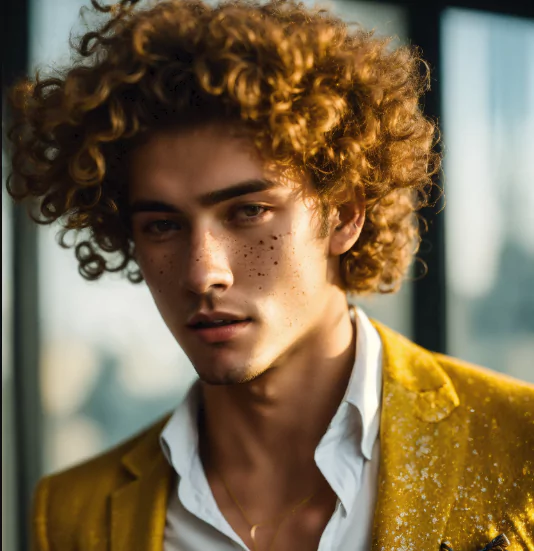 Enhanced Fluffy Curls Modern haircut with low taper fade for stylish men