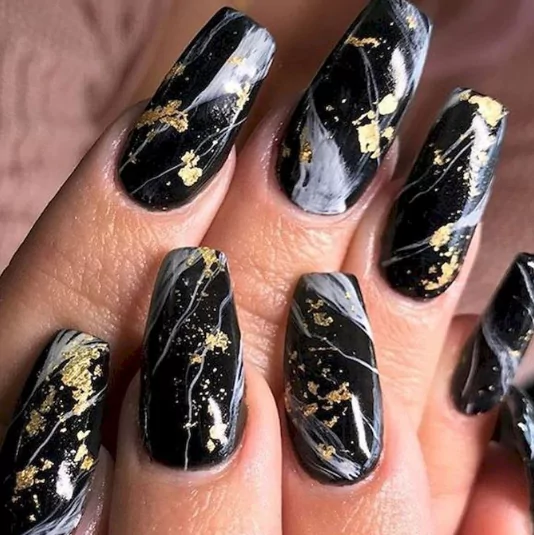 Gold Leaf Marble Effect BlackGoldNailDesigns