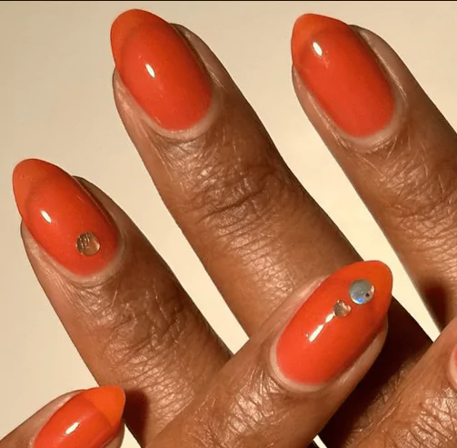 Minimalist Gold Accent Dots
burnt orange floral nails, burnt orange jelly nails