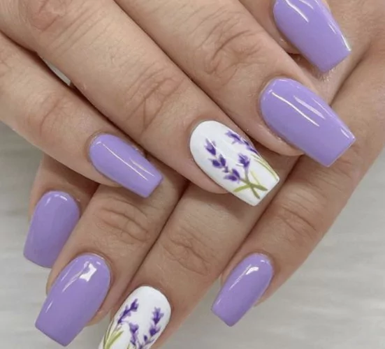 Lavender Dreams: The Calming Shade Celebrities Are Obsessing Over Soft lavender nails with a glossy finish, dreamy pastel hue perfect for summer manicures and delicate July nail color trends.