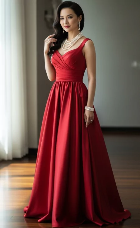 Vintage Glam: Red Dress with Pearl Accessories
red prom dress
red prom dresses