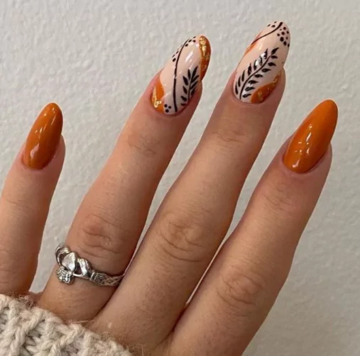 Fall Leaf Silhouettes
burnt orange and white nails, burnt orange tortoise shell nails