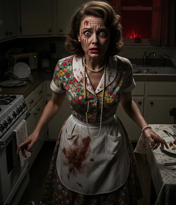 The Suburban Nightmare HousewifeStylish horrorcore dress to impress with spooky glamTerrifying yet elegant nightmare fashion for costume parties