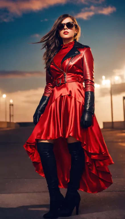 Edgy Elegance: Red Dress with Black Leather Accessories
sexy red dress
a woman in a red dress