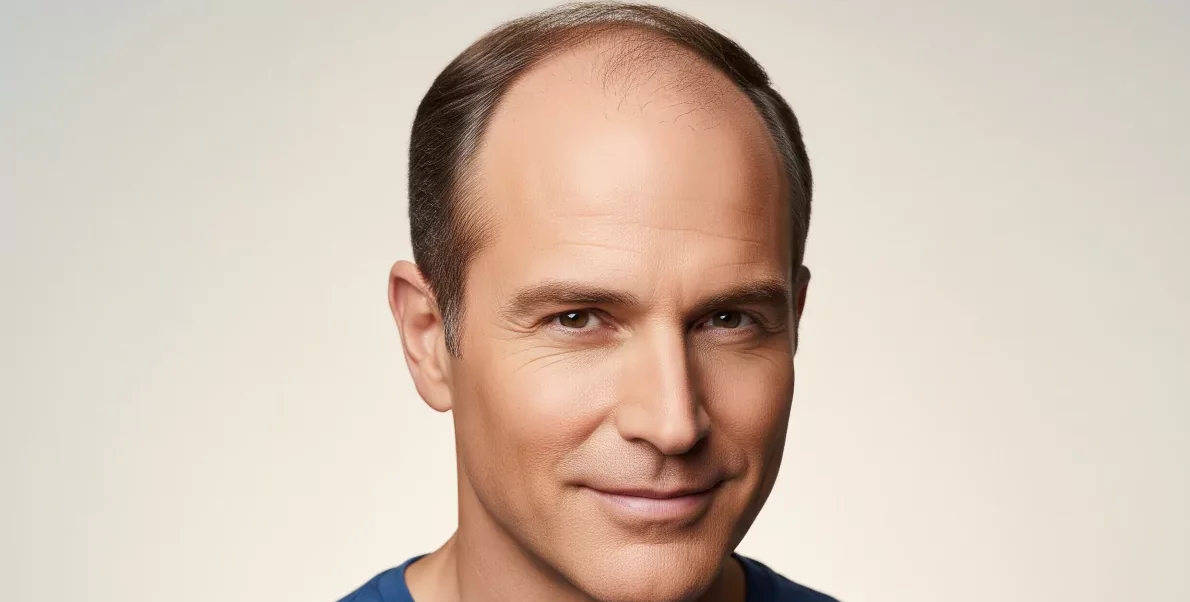 21 Best Men’s Haircuts for Balding Hair The image shows a man with a receding hairline and thinning hair on the top of his head. He has short, neatly combed brown hair on the sides and back, but the front and crown areas of his scalp are largely exposed. He is looking directly at the viewer with a slight smile. His eyes are brown. He appears to be Caucasian. He is wearing a plain, dark blue t-shirt. The background is a plain, light, neutral color, possibly off-white or light beige, which provides a soft contrast to his features. The lighting is even and bright, highlighting his face.