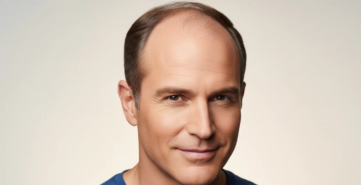 21 Best Men’s Haircuts for Balding Hair The image shows a man with a receding hairline and thinning hair on the top of his head. He has short, neatly combed brown hair on the sides and back, but the front and crown areas of his scalp are largely exposed. He is looking directly at the viewer with a slight smile. His eyes are brown. He appears to be Caucasian. He is wearing a plain, dark blue t-shirt. The background is a plain, light, neutral color, possibly off-white or light beige, which provides a soft contrast to his features. The lighting is even and bright, highlighting his face.